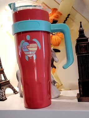 Life Is Good Red Travel Tumbler with Teal Handle